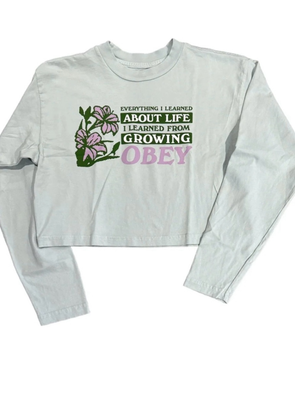 ⚡️NWT OBEY Light Mint Cropped Long Sleeve Tee with Pink & Green Graphic